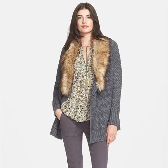Joie Jamilee C Faux Fur Collar Wool Cardigan Sweater Gray Women's Size Medium - Picture 1 of 10